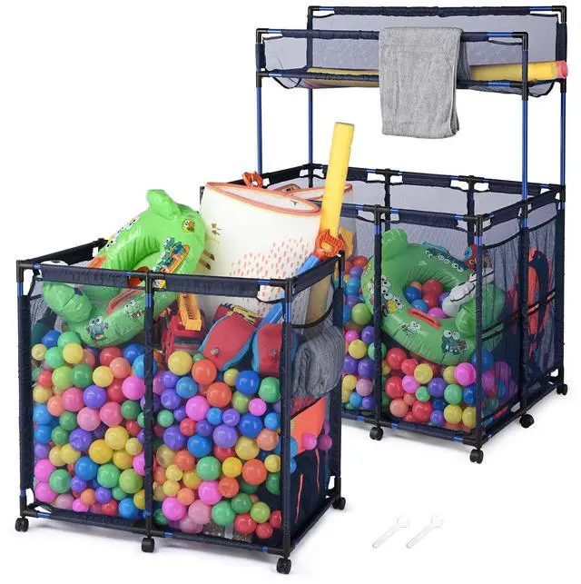 Alt view image 2 of 7 - Yescom 2 Pack Mesh Pool Toy Storage Bin Rolling Cart w/ Noodle Holder Organizer