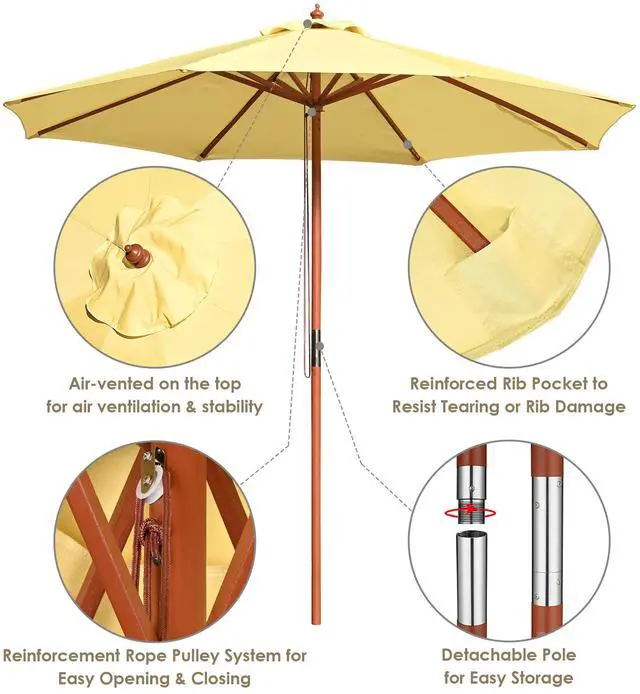 Alt view image 4 of 7 - Yescom 9ft Solid Wood Outdoor Patio Umbrella with Base Included Parasol Wheels Stand for Bistro Market Garden Deck Yard Poolside Yellow