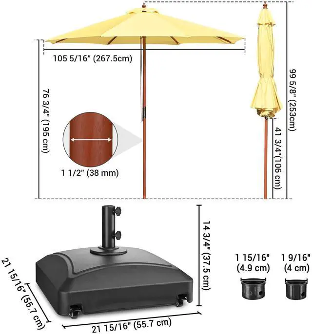 Alt view image 6 of 7 - Yescom 9ft Solid Wood Outdoor Patio Umbrella with Base Included Parasol Wheels Stand for Bistro Market Garden Deck Yard Poolside Yellow