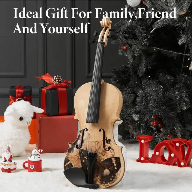 Alt view image 2 of 6 - Yescom Beginner Violin Full Size 4/4 Solid Wood Full Set with Carry Case Mute Bow Shoulder Rest for Student Adults Starter Beautiful Butterfly