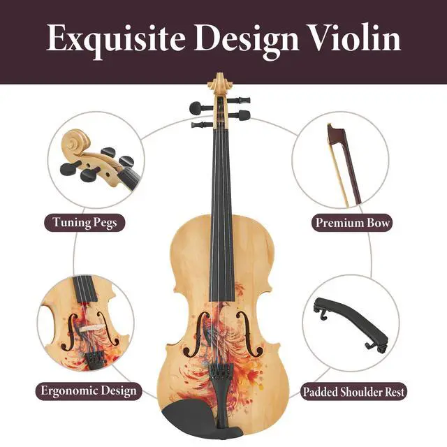 Alt view image 3 of 6 - Yescom Beginner Violin Full Size 4/4 Solid Wood Full Set with Carry Case Mute Bow Shoulder Rest for Student Adults Starter Unique Peacock