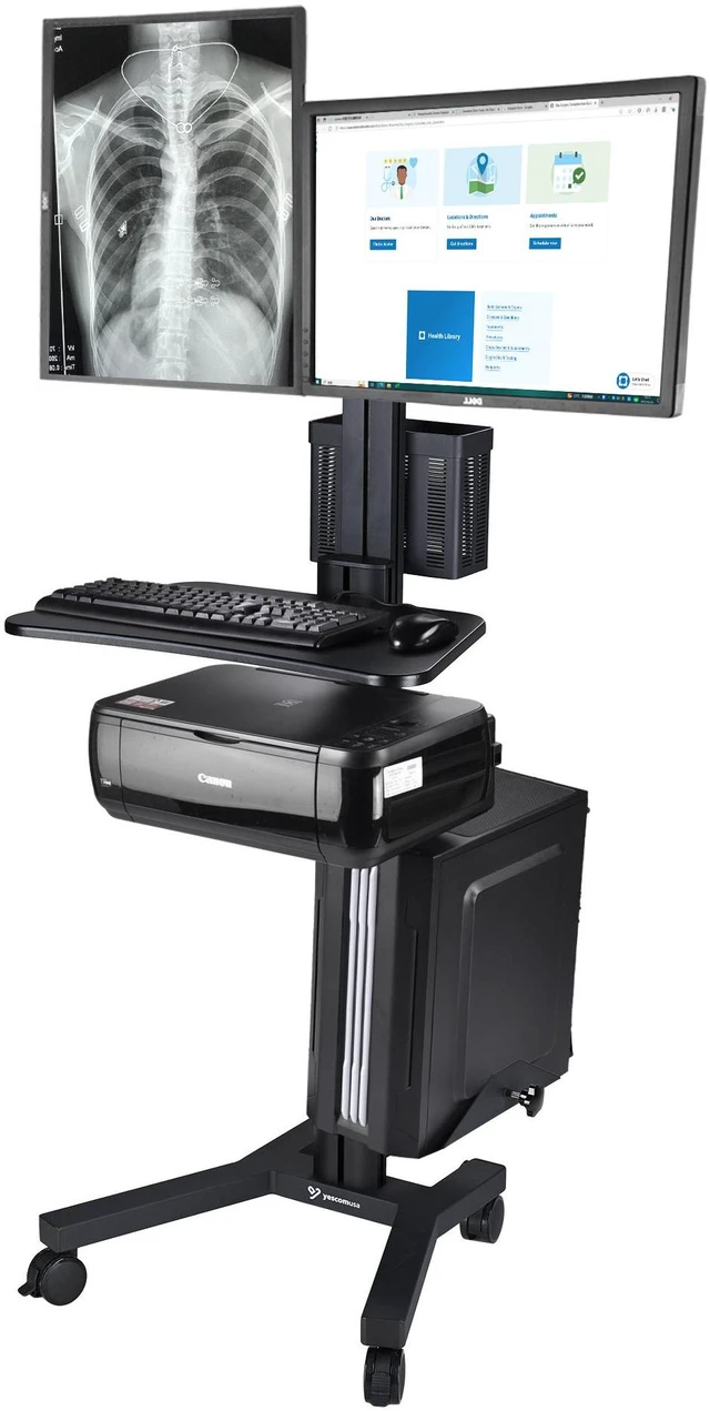 Alt view image 2 of 7 - Yescom Mobile PC Stand Workstation w/ Dual Monitor Mount for Screen Up to 32"