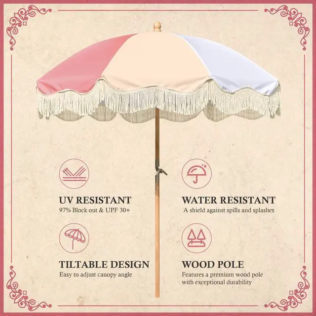 Alt view image 4 of 7 - LAGarden 6Ft Vintage Floral Fringe Umbrella w/ Deck Holder Carry Bag Adjustable for Outdoor Balcony Deck Food Ice Cream Cart Mobile Stall, Pink