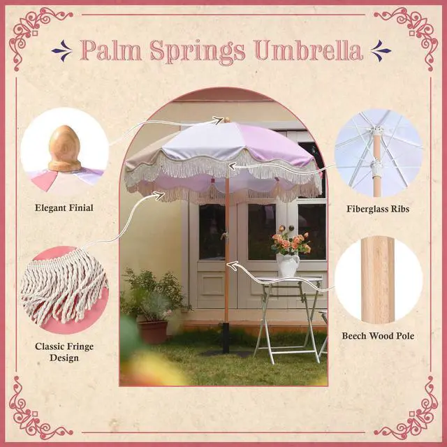 Alt view image 5 of 7 - LAGarden 6Ft Vintage Floral Fringe Umbrella w/ Deck Holder Carry Bag Adjustable for Outdoor Balcony Deck Food Ice Cream Cart Mobile Stall, Pink