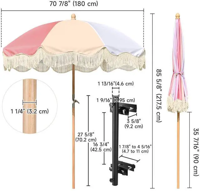 Alt view image 7 of 7 - LAGarden 6Ft Vintage Floral Fringe Umbrella w/ Deck Holder Carry Bag Adjustable for Outdoor Balcony Deck Food Ice Cream Cart Mobile Stall, Pink