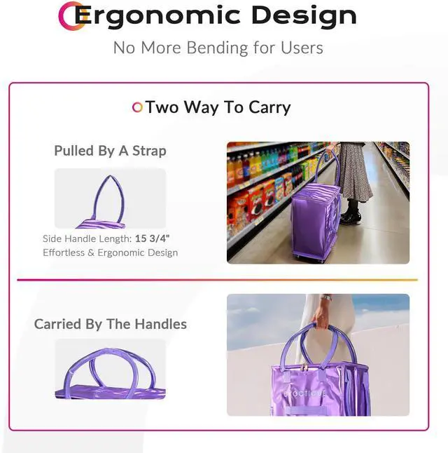 Alt view image 5 of 7 - Byootique 16" Rolling Tote Bag Grocery Bag on Wheels Shopping Trolley DuskViolet