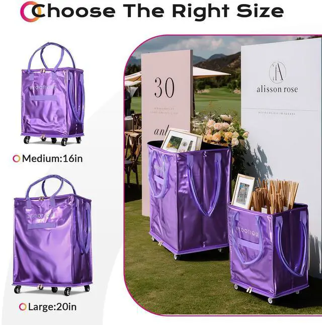 Alt view image 6 of 7 - Byootique 16" Rolling Tote Bag Grocery Bag on Wheels Shopping Trolley DuskViolet