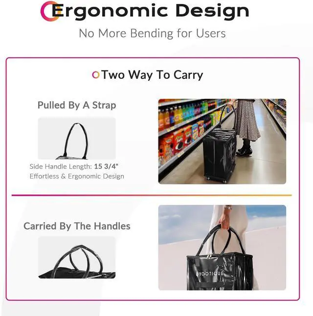 Alt view image 5 of 7 - Byootique 16" Rolling Tote Bag Grocery Bag on 5 Wheels for Travel MidnightGlitz
