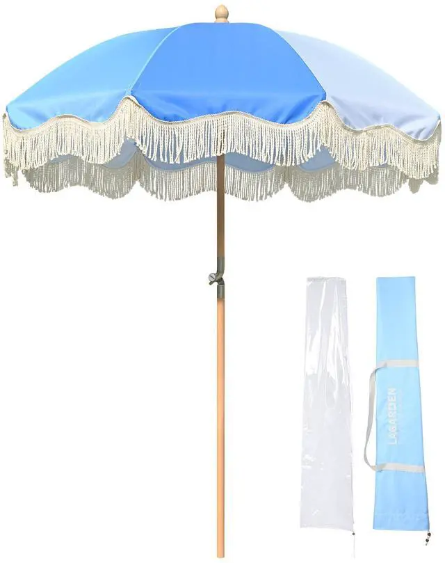 Main image of LAGarden 6Ft Fringe Wood Patio Umbrella with Tassels & Carry Bag for for Wedding Event Party Hotel Beach Pool Garden Yard Blue