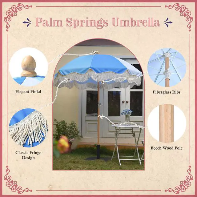 Alt view image 3 of 7 - LAGarden 6Ft Fringe Wood Patio Umbrella with Tassels & Carry Bag for for Wedding Event Party Hotel Beach Pool Garden Yard Blue