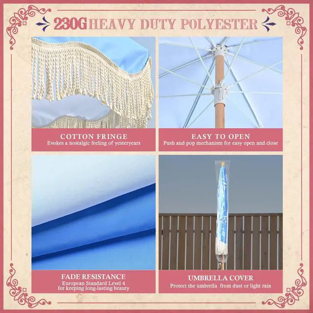 Alt view image 4 of 7 - LAGarden 6Ft Fringe Wood Patio Umbrella with Tassels & Carry Bag for for Wedding Event Party Hotel Beach Pool Garden Yard Blue