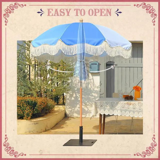 Alt view image 5 of 7 - LAGarden 6Ft Fringe Wood Patio Umbrella with Tassels & Carry Bag for for Wedding Event Party Hotel Beach Pool Garden Yard Blue