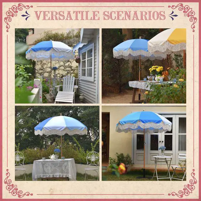 Alt view image 7 of 7 - LAGarden 6Ft Fringe Wood Patio Umbrella with Tassels & Carry Bag for for Wedding Event Party Hotel Beach Pool Garden Yard Blue