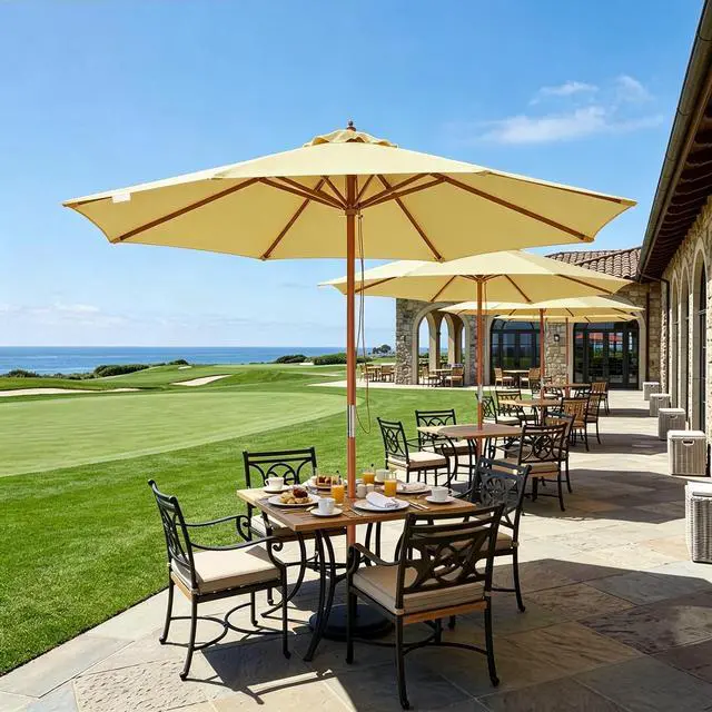 Alt view image 6 of 7 - Yescom 9FT Wooden Patio Umbrella UV30+ for Beach Pool Wedding Party Table Market Garden Yard Hotel Deck Cafe Yellow