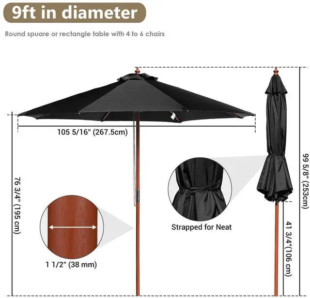 Alt view image 2 of 7 - Yescom 9FT Solid Wooden Outdoor Patio Umbrella for Cafe Courtyard Bistro Wedding Market Table Hotel Garden Deck Black