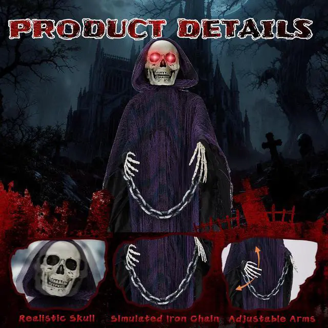 Alt view image 4 of 6 - Yescom 6ft Halloween Decorations Grim Reaper Sound-Actived Party Decor Chain Creepy Sound Scary Haunted House Props