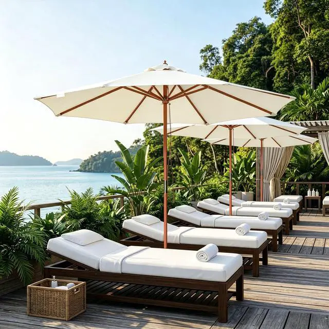 Alt view image 6 of 7 - Yescom 9FT Solid Wooden Outdoor Patio Umbrella Rope Pulley Lift for Deck Pool Backyard Garden Market Beach Parasol,Ivory