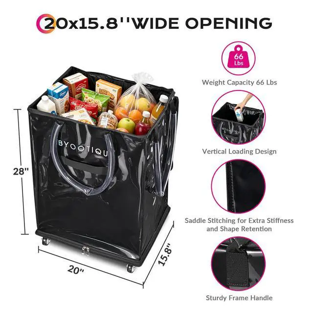 Alt view image 4 of 7 - Byootique 20" Rolling Tote Bag Grocery Bag on 5 Wheels for Travel MidnightGlitz