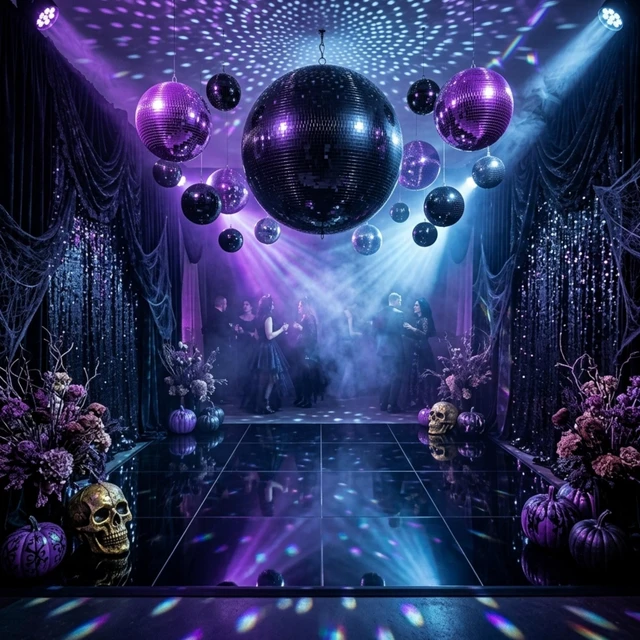 Alt view image 2 of 7 - Yescom Black Disco Ball Set 7"/12"/16"/20"/24" Assorted Mirror Ball Hanging Set of 8 for DJ Club Black-Tie Gothic Weddings Modern Industrial Glam Techno Halloween Party