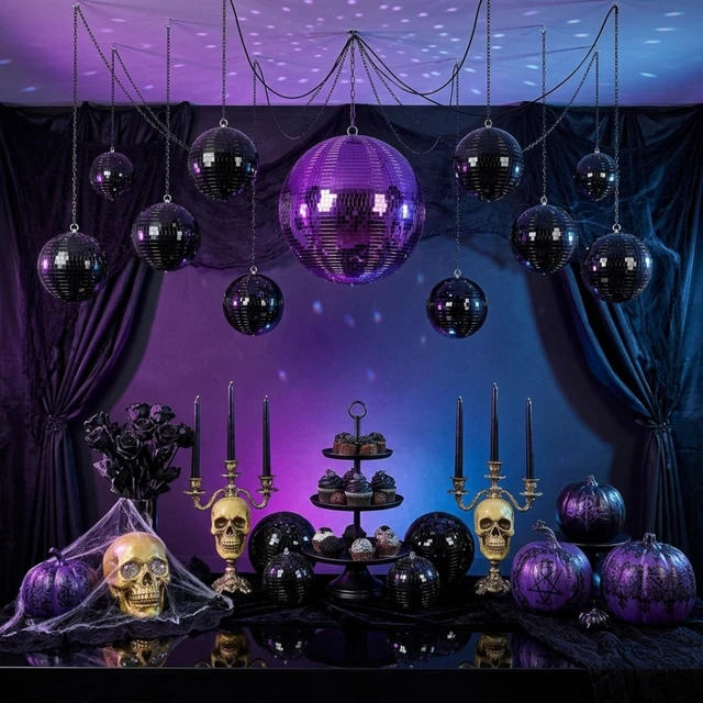 Alt view image 4 of 7 - Yescom Black 7" Disco Ball Set Mirror Ball Hanging 4 Pack for Wedding Party DJ Club Black-Tie Gothic Modern Industrial Glam Techno Halloween Party