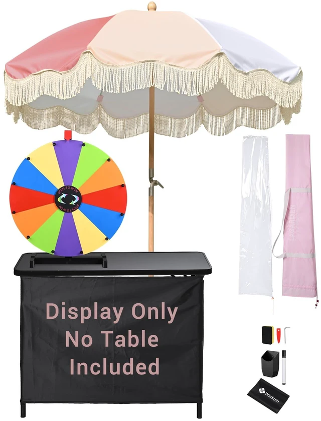 Main image of WinSpin 24" Modular Prize Wheel Tabletop w/ Palm Springs Pink Fringe Umbrella for Outdoor Pop-up Shop Craft Booth