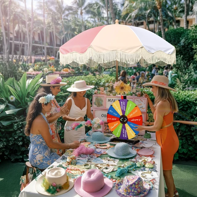 Alt view image 2 of 7 - WinSpin 24" Modular Prize Wheel Tabletop w/ Palm Springs Pink Fringe Umbrella for Outdoor Pop-up Shop Craft Booth