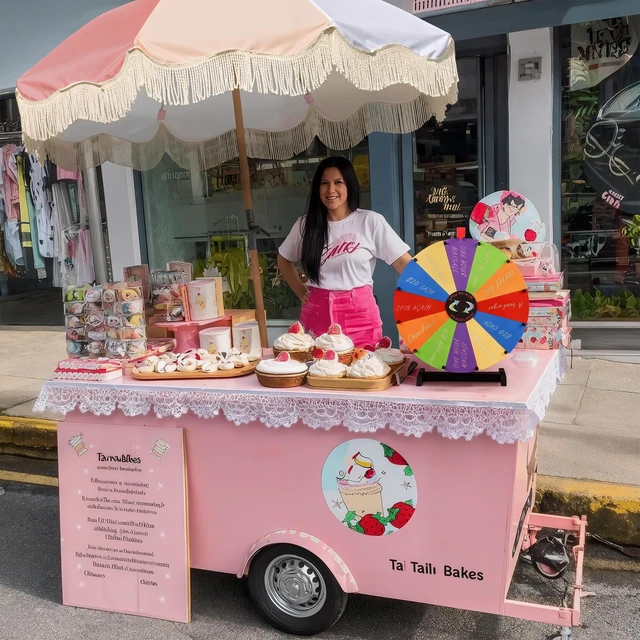 Alt view image 3 of 7 - WinSpin 24" Modular Prize Wheel Tabletop w/ Palm Springs Pink Fringe Umbrella for Outdoor Pop-up Shop Craft Booth