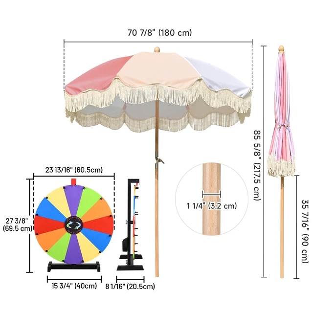 Alt view image 5 of 7 - WinSpin 24" Modular Prize Wheel Tabletop w/ Palm Springs Pink Fringe Umbrella for Outdoor Pop-up Shop Craft Booth