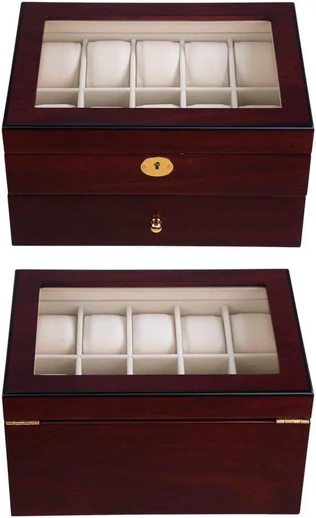 Alt view image 3 of 4 - New Delux 20 Walnut Wood Watch Display Case Glass Top Jewelry Coin Collector Box