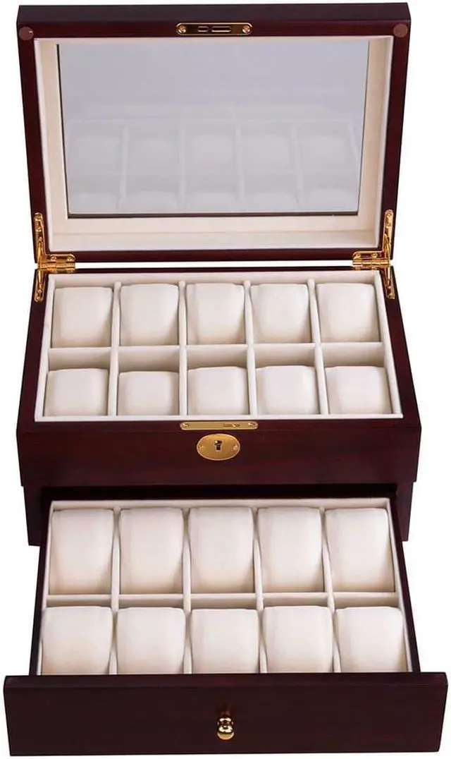 Alt view image 2 of 4 - New Delux 20 Walnut Wood Watch Display Case Glass Top Jewelry Coin Collector Box