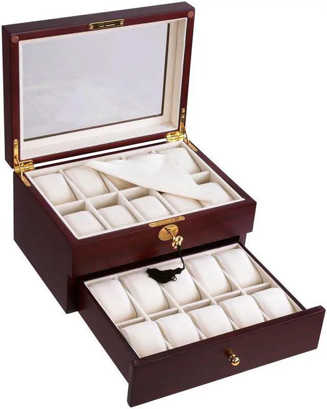 Main image of New Delux 20 Walnut Wood Watch Display Case Glass Top Jewelry Coin Collector Box
