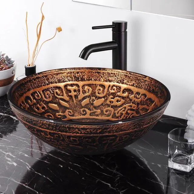 Main image of Tempered Glass Round Vessel Sink Antique Totem Pattern Above Counter Bathroom Vanity Bowl Basin