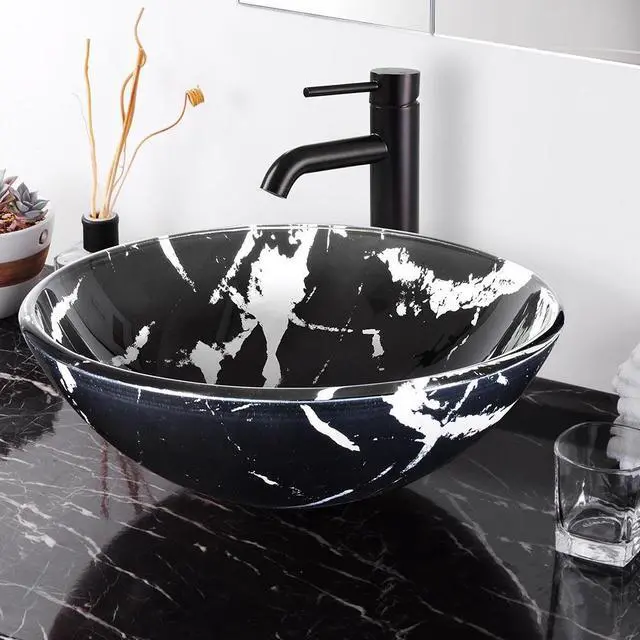 Main image of Tempered Glass Round Vessel Sink Artistic Marbling Pattern Above Counter Bathroom Vanity Bowl Basin