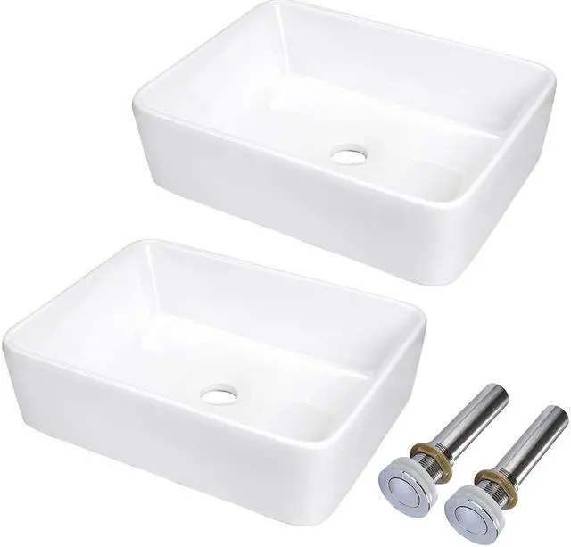 Main image of Aquaterior® 2 Pcs Rectangle Porcelain Above Counter Vessel Vanity Sink Ceramic Wash Basin with Drain