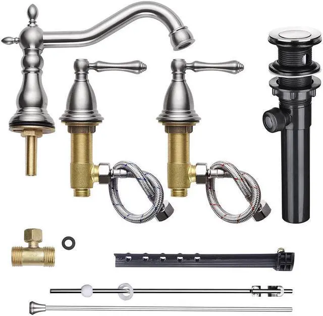 Alt view image 4 of 6 - Aquaterior® 3 Hole Bathroom Faucet Double Handle Mixer Sink Taps w/ Drain Brushed Nickel