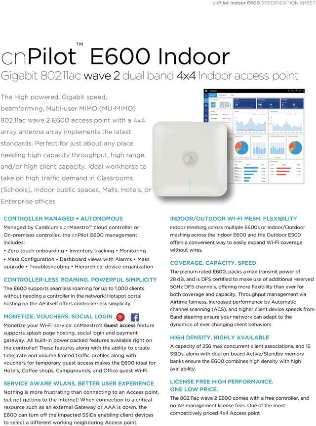 Alt view image 3 of 8 - Cambium Networks - PL-E600X00A-US - cnPilot Enterprise E600 802.11ac Wave 2 Dual Band Wi-Fi MU-MIMO 4x4 Beamforming
