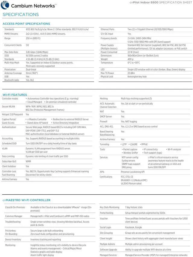 Alt view image 4 of 8 - Cambium Networks - PL-E600X00A-US - cnPilot Enterprise E600 802.11ac Wave 2 Dual Band Wi-Fi MU-MIMO 4x4 Beamforming