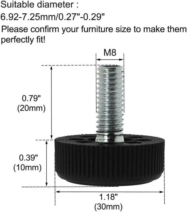 Alt view image 2 of 7 - M8 x 20 x 30mm Furniture Glide Leveling Feet Base Protector for Desk Leg 12pcs