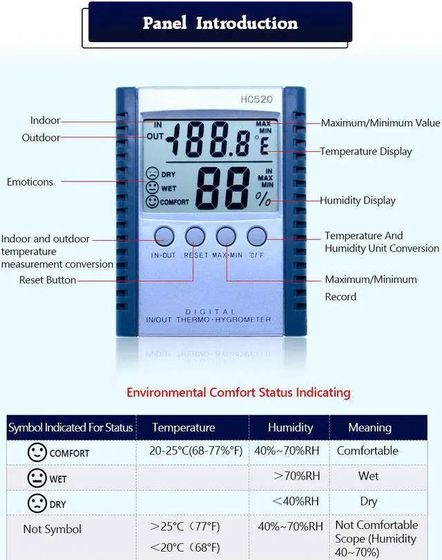 Alt view image 3 of 5 - OUTEST HC520 Digital Indoor/Outdoor Thermometer Hygrometer Temperature Humidity Meter LCD Weather Station With Sensor