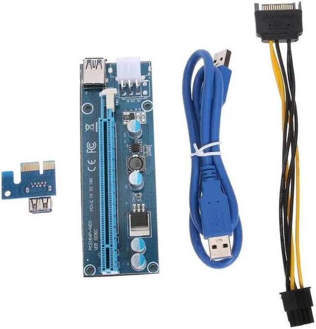 Main image of PCI-E 1X to 16X Riser Card Extender Adapter + USB 3.0 Cable 15Pin SATA to 6Pin IDE molex Power Cord cable