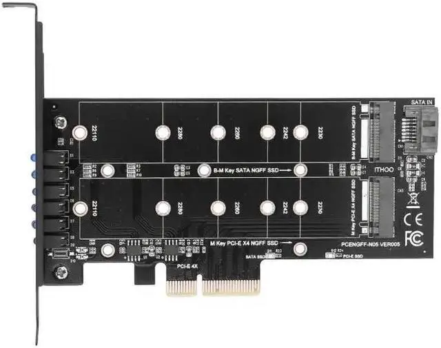 Main image of PCI-E 4X to NGFF SSD Adapter Card B-key+M-key M.2 NGFF+NVME Adapter Card Dual 12V+3.3V voltage for 2230/2242/2260/2280 m2