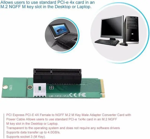 Alt view image 2 of 6 - PCI-E 4X to NGFF M.2 M Key PCI E Slot Adapter Female to Male Riser Card Adapter 4 Pin to Power Cable