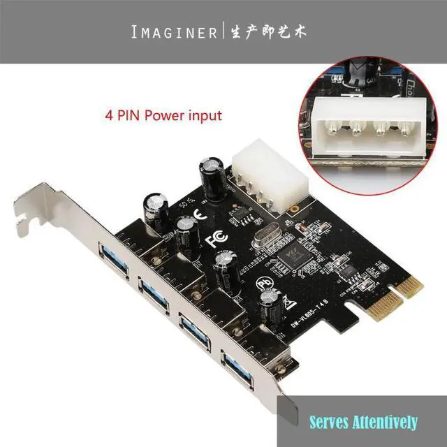 Alt view image 2 of 2 - Amify External 4 USB3.0 ports PCI-e x1 Card PCI express to USB 3.0 SATA power or 4P power input