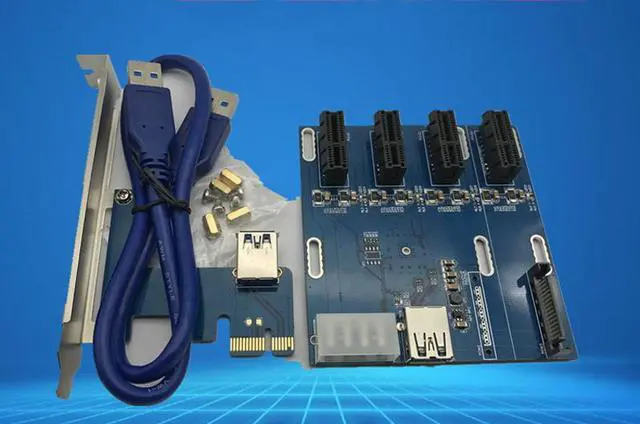 Main image of blue PCIe 1 to 4 PCI express 1X slots Riser Card Mini ITX to external 4 PCI-e slot adapter PCIe Port Multiplier Card
