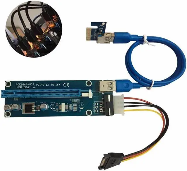 Alt view image 6 of 6 - PCI-E PCI Express 1X to 16X Riser Card USB 3.0 Cable SATA to 4Pin IDE Power Cord Molex Power for BTC Miner Machine