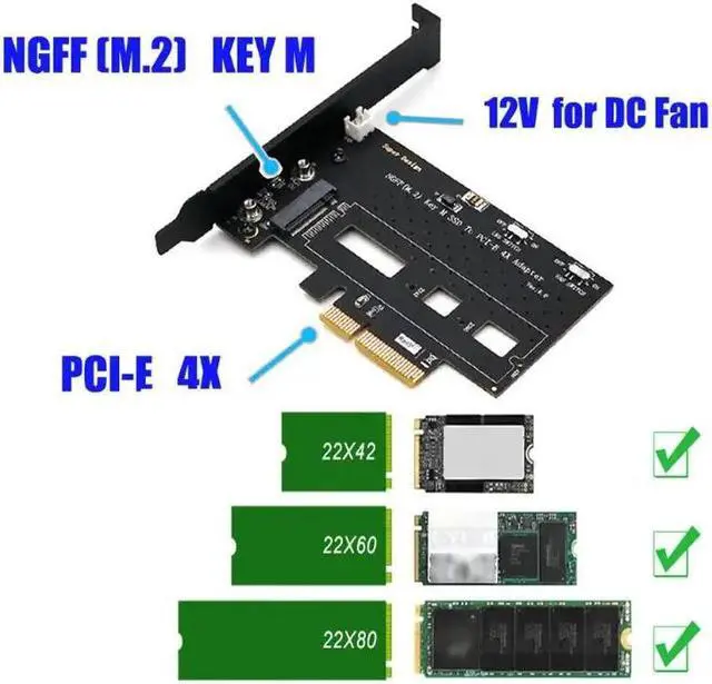 Alt view image 2 of 6 - NGFF M.2 NVME PCIE SSD To PCI-E 3.0x 4X Adapter Card With Cooling Fan Bracket Support M.2 form factors 2242 2260 2280