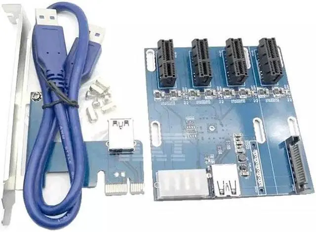 Alt view image 5 of 5 - blue PCIe 1 to 4 PCI express 1X slots Riser Card Mini ITX to external 4 PCI-e slot adapter PCIe Port Multiplier Card