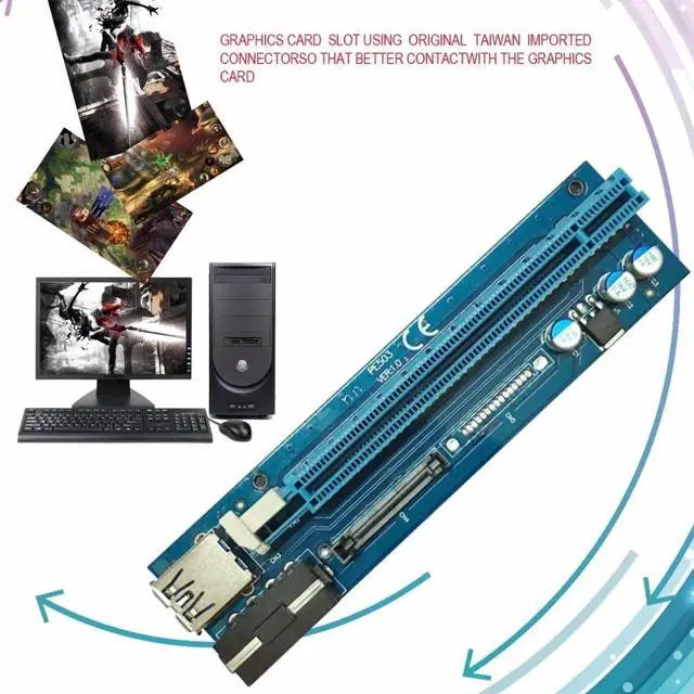 Alt view image 3 of 6 - Mining Graphics Card PCI-E To PCIE Riser Card 1X To 16X Cable With 4 Pin To SATA Power Supply USB 3.0 With Power Cable