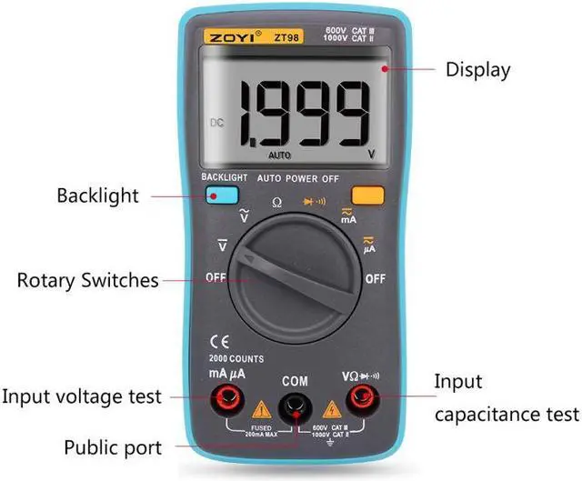 Alt view image 4 of 4 - ZOYI ZT98 Digital Multimeter 2000 counts Backlight AC/DC Ammeter Voltmeter Ohm Portable Meter multimetro