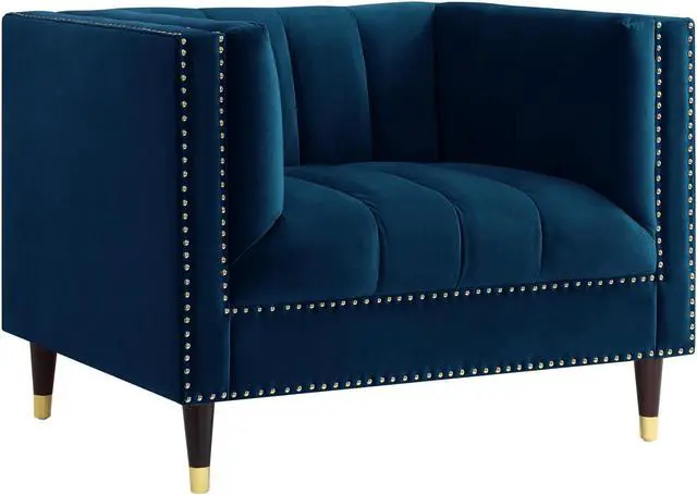 Alt view image 3 of 7 - Karena Navy Blue Velvet Club Chair or Sofa - Channel Tufted | Gold Nailhead Trim | Metal Tip Legs | By Nicole Miller